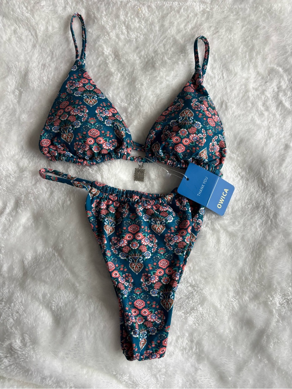Women’s Teal Floral Triangle Bikini - Teal with Pink Floral Print